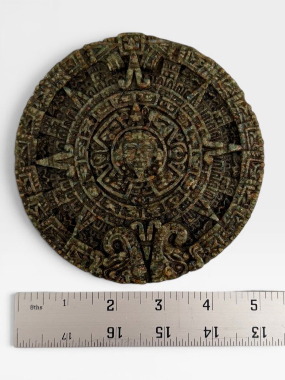 Vintage Aztec Sun Stone Calendar Wall Plaque Faux Bronze Verdigris Relief 5"